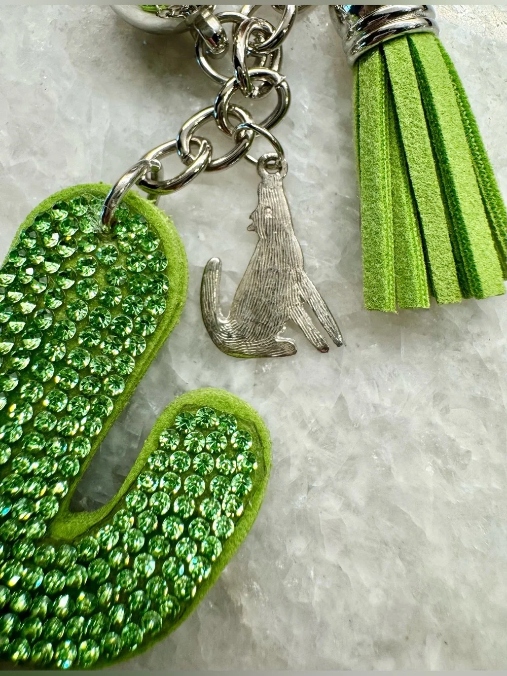 New Green Crystal Desert Cactus w/ Howling Coyote Purse Bag Charm Keychain 6.75”